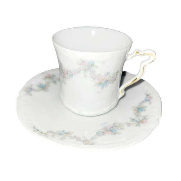 Vintage Teacup and Saucer Set by OBERPFALZ Bone China Pink Blue Floral Bavaria - Picture 1 of 11